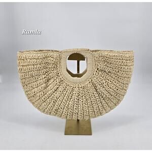 Ramla Woven Raffia Half‎ Moon Crescent Tote Natural Straw Boho Coastal Beach Bag